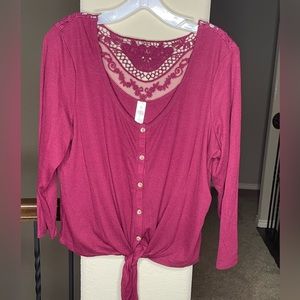 No Boundaries Button Front Lace Detail Back Top